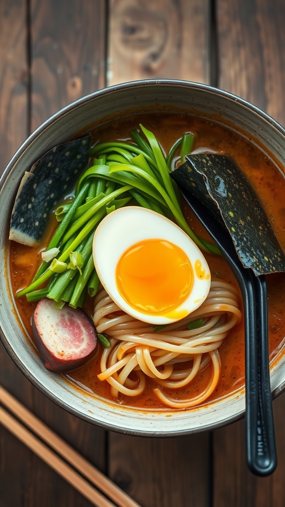 A bowl of pork ramen with soft-boiled egg, green onions, and nori on a wooden table with chopsticks.